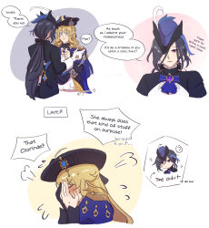  2girls ascot black_corset black_flower black_hat blonde_hair blue_eyes blue_hair blush clorinde_(genshin_impact) closed_eyes closed_mouth commentary corset covering_face dress drill_hair drill_sidelocks earrings electro_symbol_(genshin_impact) english_commentary english_text epaulettes flower fold-over_gloves from_side gem genshin_impact hair_between_eyes hat hat_feather hat_flower hat_over_one_eye highres jewelry kaiyamon lace-trimmed_collar lace_trim long_hair long_hair_between_eyes low-tied_long_hair multiple_girls navia_(genshin_impact) purple_ascot shirt sidelocks simple_background speech_bubble strapless strapless_dress taut_clothes taut_shirt tricorne violet_eyes vision_(genshin_impact) white_background 