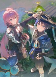  1boy 1girl absurdres ahoge anemo_symbol_(genshin_impact) arama_(genshin_impact) aranara_(genshin_impact) ararycan_(genshin_impact) arm_at_side armor bare_shoulders belt black_belt black_bodysuit black_bridal_gauntlets black_dress black_gloves black_hair black_pantyhose black_sandals black_shorts black_slippers blue_cape blue_eyes blue_gem blue_hat blue_jingasa blue_kimono blue_sleeves blunt_ends bodysuit breast_curtains bridal_gauntlets cape character_request choppy_bangs chouxdb closed_mouth commission couple covered_collarbone creature creature_on_head dress elbow_gloves electro_symbol_(genshin_impact) eyelashes eyeliner feathers fringe_trim from_above furisode gem genshin_impact gloves gold gold_trim grass hair_between_eyes hakama hakama_shorts hand_on_own_hip hand_up hat hetero highres huge_ahoge jacket japanese_armor japanese_clothes jewelry jingasa juban kimono kote kurokote layered_sleeves long_hair looking_at_viewer low_twintails makeup mandarin_collar oc_x_canon off-shoulder_jacket off_shoulder open_clothes open_hand open_jacket open_kimono open_mouth original outdoors pantyhose pelvic_curtain pink_hair pleated_shorts pom_pom_(clothes) purple_gem purple_hair purple_rope purple_sash red_eyeliner rope sandals sash scaramouche_(genshin_impact) second-party_source shirt short_sleeves shorts shoulder_peek side_cape side_slit slippers standing tassel thighlet tilted_headwear toes tsurime turtleneck turtleneck_shirt twintails violet_eyes vision_(genshin_impact) wanderer_(genshin_impact) white_feathers white_jacket white_kimono white_mouth white_shirt white_sleeves white_trim yellow_feathers zouri 