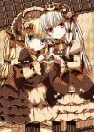  argyle argyle_background blonde_hair blue_eyes blush bonnet bow bowtie brown brown_dress chocolate crown doily dress drill_hair frilled_dress frills hairband heart heart_hands lolita_fashion long_hair moru multiple_girls red_eyes ribbon rozen_maiden shinku silver_hair smile striped suigintou twintails very_long_hair 