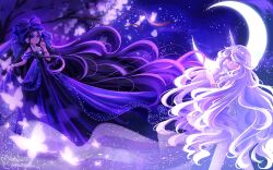  2girls ad_lunam_(shining_nikki) akemi_usagii bow bug butterfly cherry_blossoms closed_mouth collar commentary crescent_moon detached_collar dress earrings english_commentary eyelashes fake_horns feet_out_of_frame floating_clothes floating_hair flower forehead_jewel godfall_omens_(shining_nikki) gown hair_bow hand_on_own_cheek hand_on_own_face happy highres horns jewelry large_bow light_particles long_hair looking_at_viewer looking_back moon multiple_girls nikki_(series) off-shoulder_dress off_shoulder pantyhose parted_bangs petals pink_flower pointy_ears purple_bow purple_collar purple_dress purple_hair purple_theme shining_nikki short_sleeves signature skirt_hold smile space standing translucent_horns tree unicorn_horn very_long_hair violet_eyes wavy_hair white_hair white_pantyhose wind 