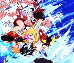  2girls apron ascot back_bow blonde_hair bow braid broom brown_hair commentary detached_sleeves frilled_bow frilled_hair_tubes frills gram_9 hair_bow hair_tubes hakurei_reimu highres holding holding_ofuda kirisame_marisa long_hair multiple_girls ofuda open_mouth red_bow red_skirt ribbon-trimmed_sleeves ribbon_trim side_braid single_braid skirt skirt_set smile star_(symbol) touhou waist_apron white_bow yellow_ascot yellow_eyes 