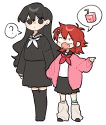  2girls black_serafuku black_skirt black_thighhighs braid fang full_body genderswap genderswap_(mtf) kaname_momo long_hair loose_socks maeno_aki multiple_girls neckerchief no_feet red_hair red_neckerchief sanpaku school_uniform serafuku shirt short_hair side_braid simple_background skirt socks standing strawberry_milk thigh-highs tsugino_haru very_long_hair white_background white_neckerchief white_shirt white_socks zeno_(game) 