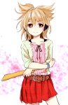  alternate_costume belt brown_eyes brown_hair contemporary crossed_arms earmuffs headphones holding makuwauri pleated_skirt ritual_baton short_hair skirt sleeves_rolled_up smile solo touhou toyosatomimi_no_miko wristband 