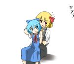  blonde_hair cirno hihachi multiple_girls rumia short_hair sitting sitting_on_lap sitting_on_person touhou translated youkai 