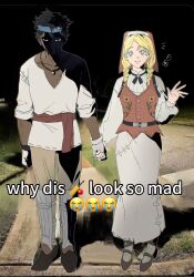  1boy 1girl anne_lester belt black_eyes black_hair black_ribbon black_shoes blonde_hair blue_eyes blue_headband braid breasts brown_pants brown_vest crying_emoji dark-skinned_male dark_skin derivative_work dress emoji english_text full_body ganji_gupta gloves hashtag-only_commentary headband highres holding_hands identity_v jewelry jngcng965604 long_dress long_hair long_sleeves medium_breasts meme neck_ribbon necklace pants parted_bangs puffy_long_sleeves puffy_sleeves red_belt ribbed_socks ribbon shaded_face shirt shoes short_hair smile socks twin_braids veins veiny_arms vest waving white_dress white_gloves white_shirt white_socks why_dis_ninja_look_so_mad_(meme) 