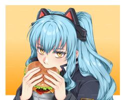  1girl animal_ear_hairband animal_ears ao_no_kiseki blue_hair burger cat_ear_hairband cat_ears cat_hair_ornament commentary eating eiyuu_densetsu english_commentary fake_animal_ears fast_food food hair_ornament hairband hajimari_no_kiseki highres holding holding_burger holding_food looking_at_viewer simple_background tio_plato yellow_eyes yuzukiyo zero_no_kiseki 