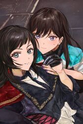 2girls bang_dream! bang_dream!_it's_mygo!!!!! black_gloves black_hair black_vest blue_eyes blush brown_hair capelet closed_mouth eoljukko gloves hand_on_another's_chin hand_on_another's_shoulder highres long_hair long_sleeves looking_at_viewer multiple_girls parted_lips photo-referenced purple_nails red_capelet shiina_taki shirt sweatdrop timoris_(bang_dream!) vest violet_eyes white_shirt yahata_umiri 