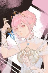  1girl arm_warmers armor bare_shoulders black_background breastplate brown_eyes collar commentary detached_collar dress english_commentary eyelashes frilled_arm_warmers frills gold_tiara hair_bun high_collar highres holding holding_sword holding_weapon infinity_nikki lace_collar lipstick makeup melody_bloom_(infinity_nikki) nikki_(nikki) nikki_(series) nostrils off-shoulder_dress off_shoulder open_mouth paint_splatter pink_hair pointy_nose rapier red_lips short_hair_with_long_locks short_sleeves sidelocks single_hair_bun solo sword two-tone_background updo upper_body wavy_hair weapon white_arm_warmers white_background white_collar white_dress xy_z_(xyz79160950) 