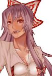  bow breasts cigarette cleavage fujiwara_no_mokou gazing grin hair_bow lavender_hair long_hair mouth_hold ohtanian red_eyes smile solo teeth touhou white_background 