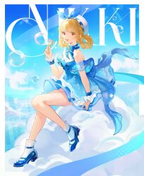  1girl absurdres back_bow bare_shoulders bead_choker beads beret blonde_hair blue_bow blue_bowtie blue_choker blue_dress blue_shoes blue_sky blue_sleeves blue_theme blue_wrist_cuffs border bow bow_choker bowtie brooch brown_eyes bubble bubble_wand bubbly_voyage_(infinity_nikki) buttons chinese_commentary choker clouds collared_dress commentary_request copyright_name dafu_zhentan day detached_sleeves dress eyelashes floating_clothes floating_hair frilled_choker frilled_dress frilled_sleeves frilled_socks frilled_wrist_cuffs frills full_body hair_ornament hair_rings hairclip halftone happy hat hat_bow high_heels highres holding holding_wand infinity_nikki jewelry light_rays long_hair nikki_(series) ocean on_cloud open_mouth outdoors outside_border pumps rabbit_hair_ornament see-through_clothes see-through_sleeves shoes short_dress short_sleeves sidelocks sitting sky smile socks solo strapless strapless_dress striped_clothes striped_dress sunlight teeth upper_teeth_only vertical-striped_clothes vertical-striped_dress wand white_border white_hat white_socks wind wrist_cuffs 