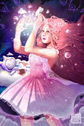  1girl =_= absurdres ad_lunam_(shining_nikki) ahoge animal artist_name bare_shoulders beads blue_bow blue_bowtie blush_stickers boned_meat bow bowtie brown_eyes cat choker circlet cloak clothed_animal cowboy_shot disembodied_eye dress ear_covers earrings emphasis_lines eyelashes fake_horns floating_hair food frilled_dress frills hair_beads hair_ornament halter_dress halterneck highres hood hood_up hooded_cloak horns jewelry light_blush light_particles lipstick long_hair looking_at_creature lying magic makeup meat meghansiens momo_(nikki) nikki_(nikki) nikki_(series) nostrils on_back open_mouth pearl_earrings pearl_hair_ornament pink_dress pink_hair pink_horns pink_lips pleated_dress purple_cloak shining_nikki short_dress smile space sparkle translucent_horns unicorn unicorn_horn very_long_hair watermark white_cat white_choker 