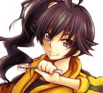  araragi_karen black_eyes black_hair drpow fried_egg grin hair_ornament hooded_track_jacket long_hair monogatari_(series) nisemonogatari portrait side_ponytail smile solo tom_(drpow) toothbrush track_jacket white_background 