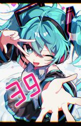  +_+ 1girl 39 ;d absurdres aqua_eyes aqua_hair aqua_necktie aqua_trim armpit_crease black_skirt black_sleeves breasts chromatic_aberration collared_shirt commentary confetti detached_sleeves double-parted_bangs frilled_shirt_collar frills from_above grey_shirt hatsune_miku headset highres letterboxed light_blush long_hair looking_at_viewer medium_breasts miku_day musical_note necktie number_tattoo one_eye_closed open_mouth pleated_skirt reaching reaching_towards_viewer shigure_(rinky_creater) shirt shoulder_tattoo skirt sleeveless sleeveless_shirt smile solo sparkle symbol-shaped_pupils tattoo twintails v-shaped_eyebrows vocaloid w w_over_eye 