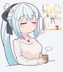  2girls artoria_pendragon_(fate) black_bow blonde_hair blush bow braid closed_eyes fate/grand_order fate_(series) hair_between_eyes hair_bow half_up_braid highres ichigo_berry jewelry long_hair morgan_le_fay_(fate) multiple_girls necklace ponytail saber_(fate) simple_background very_long_hair white_background white_hair 