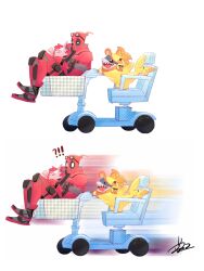  !? 1boy commentary deadpool deadpool_(series) hashtag-only_commentary highres holding holding_stuffed_toy jacket jeff_the_land_shark jeff_the_land_shark_(duck_defender) knee_pads marvel marvel_rivals mobility_scooter motion_lines muscular muscular_male official_alternate_costume red_jacket riding_scooter shark sharp_teeth signature sitting stuffed_toy stuffed_unicorn superhero_costume surprised teeth tongue tongue_out untranslatable_commentary white_background zhongdi90478 