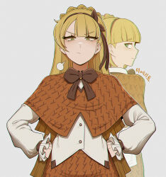  1boy 1girl blonde_hair blush brown_hairband buttons capelet closed_mouth commentary_request green_eyes hairband hands_on_own_hips highres korean_commentary lobotomy_corporation looking_back misg1111 orange_capelet project_moon simple_background smile tiphereth_a_(project_moon) tiphereth_b_(project_moon) v-shaped_eyebrows white_background 