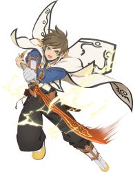  1boy artist_request belt belt_bag black_pants blue_shirt boots brown_belt brown_hair coat earrings feather_earrings feathers fingerless_gloves full_body game_cg gloves green_eyes highres holding holding_sword holding_weapon jewelry looking_at_viewer magic official_art open_mouth orange_feathers pants sheath shirt short_hair shouting solo sorey_(tales) sword tales_of_(series) tales_of_asteria tales_of_zestiria third-party_source transparent_background weapon white_boots white_coat white_gloves 