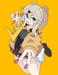  1girl antenna_hair black_shirt blue_eyes brown_hair brown_shoes cardigan claw_pose fang highres jacket kasukabe_tsumugi loafers long_hair long_sleeves looking_at_viewer loose_socks miniskirt necktie off_shoulder one_side_up open_mouth pleated_skirt ponytail reaching reaching_towards_viewer scrunchie shirt shoes simple_background skirt socks solo sudzume v voicevox white_socks wrist_scrunchie yellow_background yellow_jacket yellow_necktie 