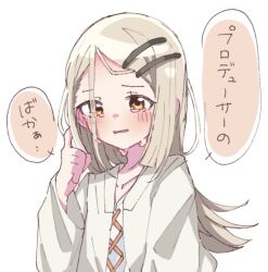  1girl blonde_hair blush commentary_request crying crying_with_eyes_open flipped_hair gakuen_idolmaster hair_ornament hairclip hand_up highres hino_syanimasu idolmaster long_hair looking_at_viewer open_clothes open_mouth open_robe orange_eyes orange_ribbon parallel_hairclips parted_bangs ribbon robe shinosawa_hiro solo speech_bubble tears translation_request upper_body white_background white_robe 