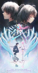  1boy 2girls absurdres adoptive_parent_and_adoptive_child aemeath_(wuthering_waves) aemeath_(young)_(wuthering_waves) artist_name black_dress black_hair black_jacket black_pants breasts closed_eyes crying different_reflection dress dual_persona elbow_gloves elbow_pads english_text exostrider_(wuthering_waves) female_rover_(wuthering_waves) gloves hair_ornament highres jacket long_hair long_sleeves looking_at_viewer male_rover_(wuthering_waves) medium_breasts morted_art multiple_girls orange_eyes pants pink_hair reflection rover_(wuthering_waves) split_theme squatting taking_another's_hand white_dress white_gloves wuthering_waves 