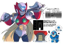  2boys android armor blonde_hair cowboy_shot forehead_jewel helmet holding holding_lead_pipe lead_pipe long_hair male_focus mega_man_(series) mega_man_x_(series) multiple_boys red_armor red_helmet solo_focus to_i_to_io x_(mega_man) zero_(mega_man) 