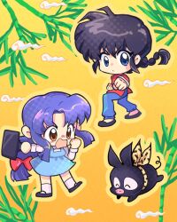  1boy 1girl bag black_hair blue_dress blue_eyes braid brown_eyes dress english_commentary fuurinkan_high_school_uniform highres holding holding_bag long_hair p-chan_(ranma_1/2) pig purple_hair ranma_1/2 saotome_ranma school_uniform single_braid tendou_akane v-shaped_eyebrows yellow_background 