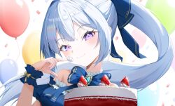 1girl absurdres aoba_nene ayatsuno_yuni balloon bare_shoulders blue_bow blue_bowtie blue_dress blue_wrist_cuffs bow bowtie cake closed_mouth confetti cream_on_finger cross-shaped_pupils dress food frilled_dress frills fruit hair_bow highres iridescent_hair long_hair off-shoulder_dress off_shoulder ponytail sidelocks solo stellive strawberry symbol-shaped_pupils upper_body violet_eyes virtual_youtuber white_background white_hair wrist_cuffs 