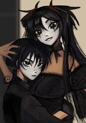  1boy 1girl alternate_costume alternate_skin_color arm_around_waist asymmetrical_bangs black_bow black_bowtie black_dress black_eyes black_hair black_nails black_shirt black_sleeves blunt_bangs blunt_ends bow bowtie choppy_bangs closed_mouth clothing_request coditosalad collared_shirt couple cross cross_earrings dark-skinned_female dark-skinned_male dark_skin dia_de_muertos dress earrings facepaint genshin_impact hair_between_eyes hair_bow hair_ornament hand_on_another's_head hetero highres hug jewelry long_hair looking_at_viewer mexican_clothes mona_(genshin_impact) off-shoulder_dress off_shoulder parted_lips scaramouche_(genshin_impact) shirt slit_pupils smile spaghetti_strap swept_bangs twintails x_hair_ornament 