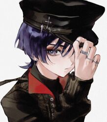  1boy alternate_costume bishounen black_hat black_jacket black_shirt black_sleeves blunt_ends bright_pupils casual choppy_bangs closed_mouth cnorkie commentary contemporary earrings eyelashes eyeshadow genshin_impact hand_over_eye hand_up hat hat_tip highres jacket jewelry long_sleeves makeup male_focus multiple_rings peaked_cap portrait purple_hair red_eyeshadow ring scaramouche_(genshin_impact) shirt solo tsurime turtleneck turtleneck_shirt undershirt untranslatable_commentary violet_eyes white_background white_pupils 