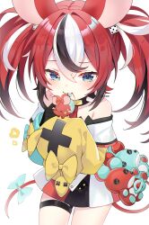  1girl absurdres animal_ears biting black_hair blue_eyes breasts collar hair_ornament hakos_baelz hakos_baelz_(1st_costume) hashtag-only_commentary highres hololive hololive_english long_hair me0_oe mouse_ears mouse_girl mouse_tail mr._squeaks_(hakos_baelz) multicolored_hair multiple_girls red_hair skirt smile solo spiked_collar spikes streaked_hair tail twintails virtual_youtuber white_hair 
