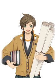  1boy artist_request blue_pants book brown_hair cardigan cowboy_shot game_cg green_eyes headphones headphones_around_neck holding holding_book looking_at_viewer normin_(tales) official_alternate_costume official_art open_mouth pants plaid_clothes plaid_pants school_uniform shirt short_hair smile solo sorey_(class_act_student)_(tales) sorey_(tales) standing tales_of_(series) tales_of_asteria tales_of_zestiria third-party_source transparent_background white_shirt 
