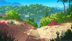  blue_sky boat bush commentary english_commentary fence grass lake no_humans original outdoors painterly path plank plant sand scenery sky sylvain_sarrailh tree water watercraft web_address wooden_fence 