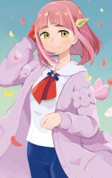  1girl arched_bangs blue_background blue_pants blush cardigan collared_shirt commentary_request cowboy_shot falling_petals floating_hair gloves gradient_background hair_ornament hand_in_own_hair highres kiri._(neko_zarashi03) lacey_(pokemon) looking_at_viewer neckerchief open_cardigan open_clothes pants petals pink_hair pokemon pokemon_sv purple_cardigan red_gloves red_neckerchief shirt single_glove smile standing white_shirt yellow_eyes 