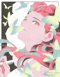  1girl ace_attorney artist_name braid breasts bug butterfly closed_mouth commentary_request dahlia_hawthorne dress floating_hair from_side hand_up head_back highres holding holding_umbrella limited_palette long_hair looking_at_viewer looking_to_the_side parasol portrait red_eyes red_hair shino_(shino_dgs) sleeveless sleeveless_dress smile solo umbrella white_dress 