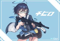  absurdres assault_rifle blue_archive blue_hair blue_halo character_name chihiro_(blue_archive) gun h&amp;k_hk416 halo highres holding holding_weapon jacket m1saki_1 millennium_science_school_logo original rifle short_hair skirt weapon 