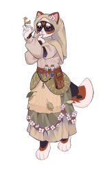  1girl animal_ears apron bead_charm beads belt belt_charm belt_pouch brown_belt calico_(pattern) cat_ears cat_girl cat_tail charm_(object) commentary english_commentary flower fringe_trim full_body furry furry_female green_skirt headscarf highres holding holding_flower leaf long_sleeves mimi_(mourninglamby) orange_eyes personification pouch prayer_beads rosary shirt simple_background skirt solo spottedleaf standing standing_on_one_leg starclan_emblem tachi-e tail the_prophecies_begin warrior_cats whiskers white_apron white_flower white_shirt 