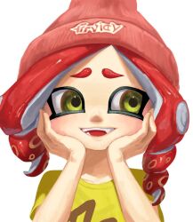  1girl collarbone commentary_request dbwuqldvec82805 drill_hair furrowed_brow hat long_hair looking_to_the_side octoling octoling_girl octoling_player_character open_mouth print_hat print_shirt red_hair red_hat shirt simple_background solo splatoon_(series) tentacle_hair thick_eyebrows twin_drills upper_body white_background yellow_eyes yellow_shirt 