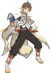  1boy artist_request belt belt_bag black_pants blue_shirt boots brown_belt brown_hair closed_mouth coat earrings feather_earrings feathers fingerless_gloves full_body game_cg gloves green_eyes highres holding holding_sword holding_weapon jewelry looking_at_viewer official_art orange_feathers pants sheath sheathed shirt short_hair solo sorey_(tales) standing sword tales_of_(series) tales_of_asteria tales_of_zestiria third-party_source transparent_background weapon white_boots white_coat white_gloves 