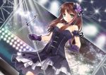  bare_shoulders breasts brown_hair dress elise_(piclic) gloves green_eyes hat idolmaster idolmaster_cinderella_girls long_hair microphone microphone_stand open_mouth shibuya_rin smile solo 