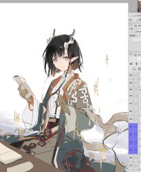  1girl arknights arm_tattoo art_program_in_frame black_hair brown_skirt chenmu_sora colored_extremities dragon_girl dragon_horns earrings green_jacket grey_eyes highres horns jacket jewelry jie_(arknights) open_clothes open_jacket pointy_ears shirt short_hair sitting sketch skirt smile solo tassel tassel_earrings tattoo white_shirt 