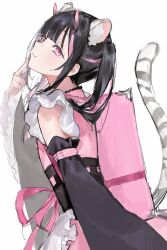  animal_ears black_hair cho_kaguya-hime! crossdressing crossdressing_(mtf) hand_on_own_face highres horns japanese_clothes komazawa_noi long_hair male_focus multicolored_hair pink_eyes pink_hair pink_horns solo tail tiger_ears tiger_tail trap two-tone_hair white_background yuuli_(tuna221022) 