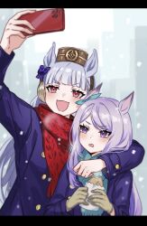  2girls animal_ears aqua_scarf arm_around_shoulder blue_coat blunt_bangs blush bow breasts brown_gloves brown_hat buttons cellphone coat commentary double-breasted ear_bow ear_ribbon food gloves gold_ship_(umamusume) grey_hair hat highres horse_ears horse_girl letterboxed long_hair long_sleeves mejiro_mcqueen_(umamusume) multiple_girls open_mouth phone pillbox_hat purple_hair red_scarf scarf smartphone smile snow taiyaki ten-chan_(eternal_s) tracen_winter_coat umamusume violet_eyes wagashi winter_clothes winter_coat winter_uniform 