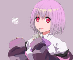  1girl bow bowtie collared_shirt commentary dated drink_carton drinking drinking_straw gridman_universe highres holding holding_juice_box jacket juice_box looking_at_viewer medium_hair off_shoulder pink_background purple_bow purple_bowtie purple_hair purple_jacket red_eyes school_uniform shinjou_akane shirt sleeves_past_wrists smile solo ssss.gridman takatisakana white_shirt 