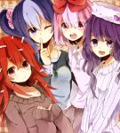  blue_hair flaky giggles happy_tree_friends hat jewelry lammy long_hair multicolored_hair necklace personification petunia pink_eyes pink_hair purple_eyes purple_hair red_eyes red_hair redhead ribbon smile sweater tororo_imo_(asdf6789) violet_eyes wink 