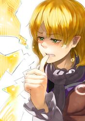  arm_warmers biting blonde_hair blush clenched_teeth face green_eyes hands inugami_akito jealous mizuhashi_parsee pointy_ears short_hair solo tears thumb thumb_biting touhou 