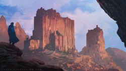  1boy blue_cloak blue_sky canyon cloak clouds cloudy_sky commentary day english_commentary highres landscape looking_to_the_side mountain original outdoors painterly scenery sky standing sunlight sylvain_sarrailh turban web_address wind 