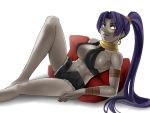  assassin_(fate/zero) breasts cleavage dark_skin earrings fate/zero fate_(series) female_assassin_(fate/zero) hoop_earrings jewelry kazami_tomo large_breasts long_hair midriff navel necklace ponytail purple_hair shorts solo 
