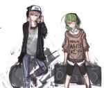  baseball_cap bespectacled boombox casual contemporary glasses green_hair gumi hand_on_headphones hat headphones jeans long_hair megurine_luka multiple_girls pan!ies pink_hair purple_eyes red-framed_glasses shirt shorts sleeves_pushed_up sweater violet_eyes vocaloid yellow_eyes 