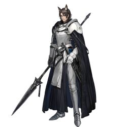  1boy animal animal_ears arknights arm_armor armor belt black_hair blue_eyes closed_mouth czcibor_paleniskos_(arknights) expressionless extra_ears full_armor full_body holding holding_polearm holding_weapon horse_boy horse_ears horse_tail kazimierz_logo medium_hair official_art parted_hair pelvic_curtain polearm ryuuzaki_ichi scabbard sheath shoulder_armor solo standing sword tachi-e tail third-party_source transparent_background weapon white_armor 
