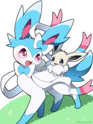  alternate_color blue_eyes blush commentary_request eevee fangs grass hamidashicat lying no_humans on_back pink_eyes pokemon pokemon_(creature) pokemon_focus shadow shiny_pokemon smile standing sylveon white_background 